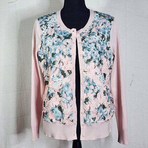 Charter Club Pink Blue Floral Open Weave Rayon Nylon LS Button Up Cardigan Sz M